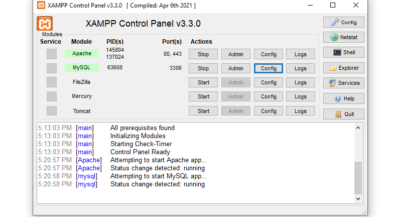 Control Panel log showing the status of Apache & MySQL