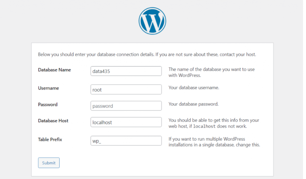 Setting of database name, username, password & host during WordPress Installation