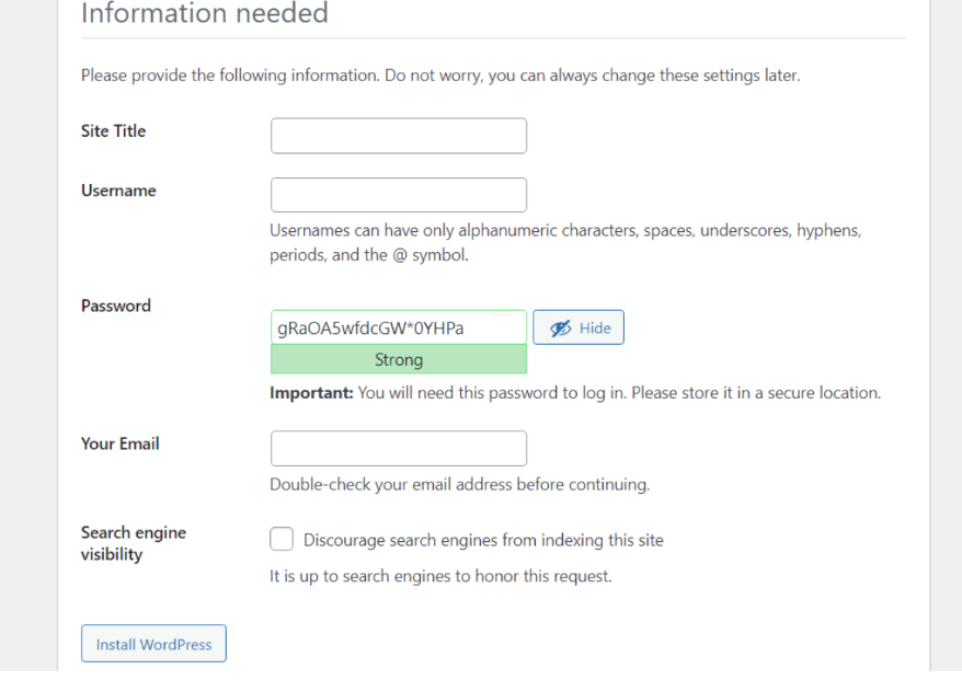 Choosing site title, username, & password during WordPress Installation