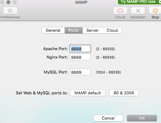 Setting of Apache, Nginx & MySQL Port in MAMP