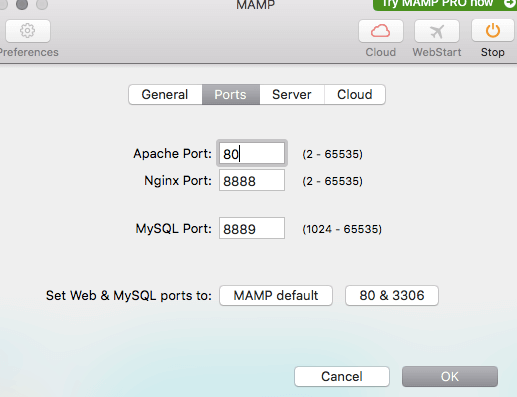 Changing Apache, Nginx & MySQL Port in MAMP