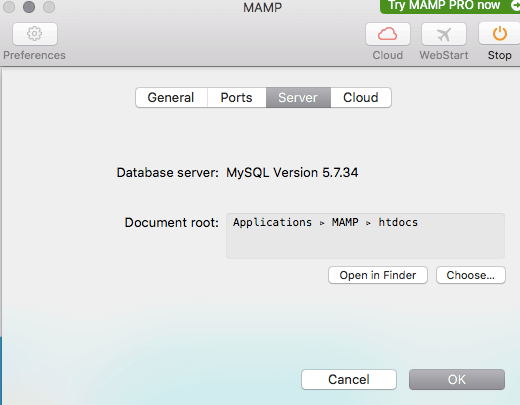 The Server tab under MAMP preferences.