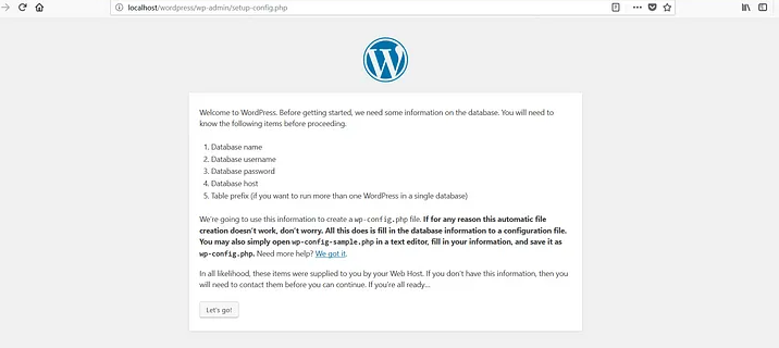 Set-up screen for WordPress