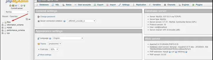 New database button screen — phpMyAdmin