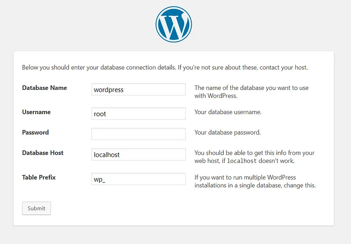 Set-up connection details screen — WordPress