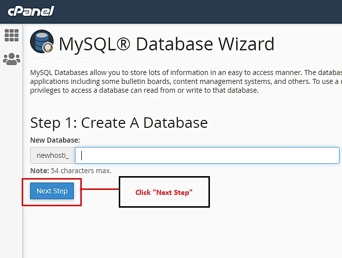 Write new database name MYSQL Database Wizard