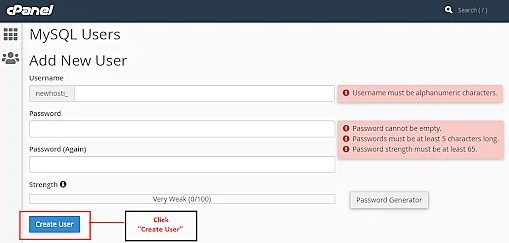 Create Username and Password in MYSQL Database Wizard