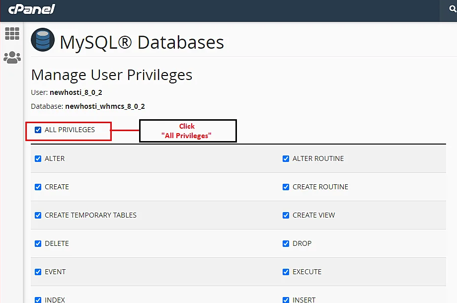 All Privileges option in MYSQL Database Wizard