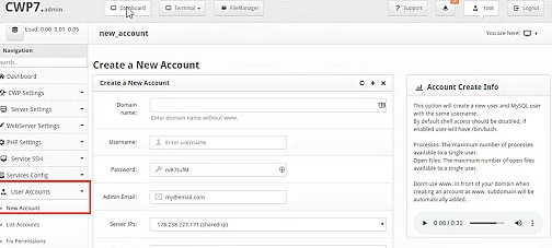 Create account in CWP Panel