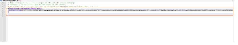 Palworld server setting file in a text editor