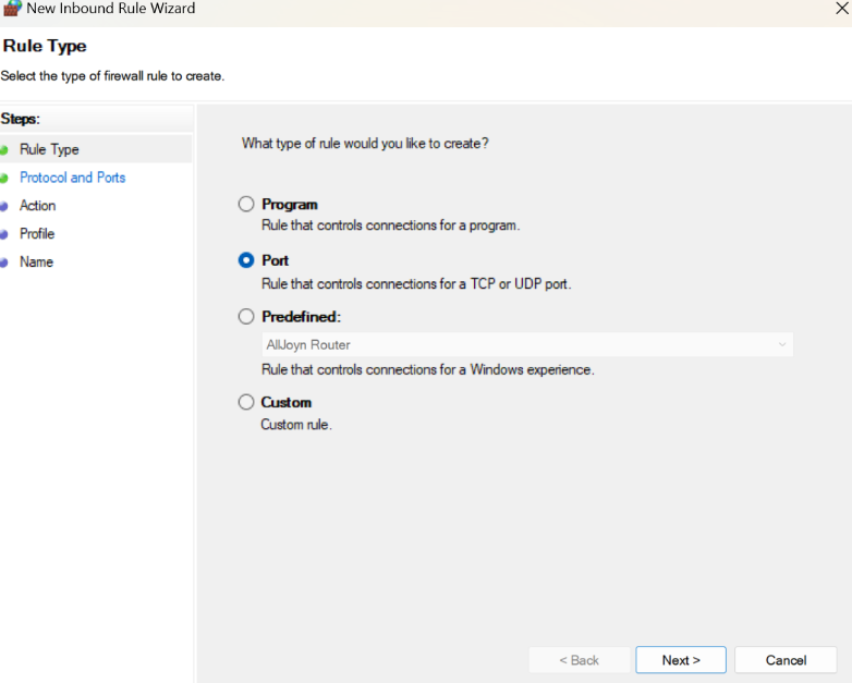 Protocol and Port in Windows Defender Firewall